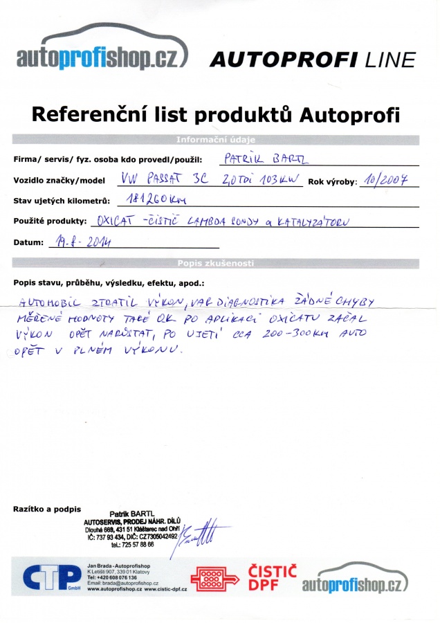 Reference na Oxicat - Čistič katalyzátoru a lambda sondy - VW Passat - Autoservis Bartl