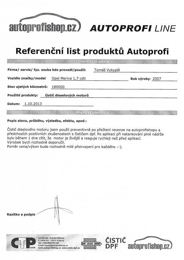 Reference na Čistič dieselového systému - Opel Meriva 1.7 tdci 