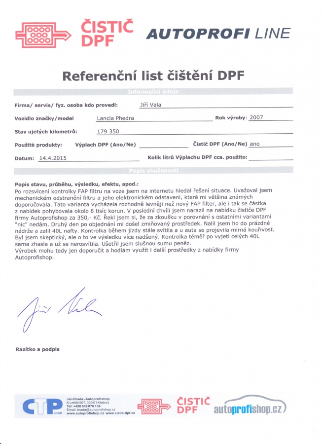 Referenční list - Čistič DPF - Lancia - Jiří Vala