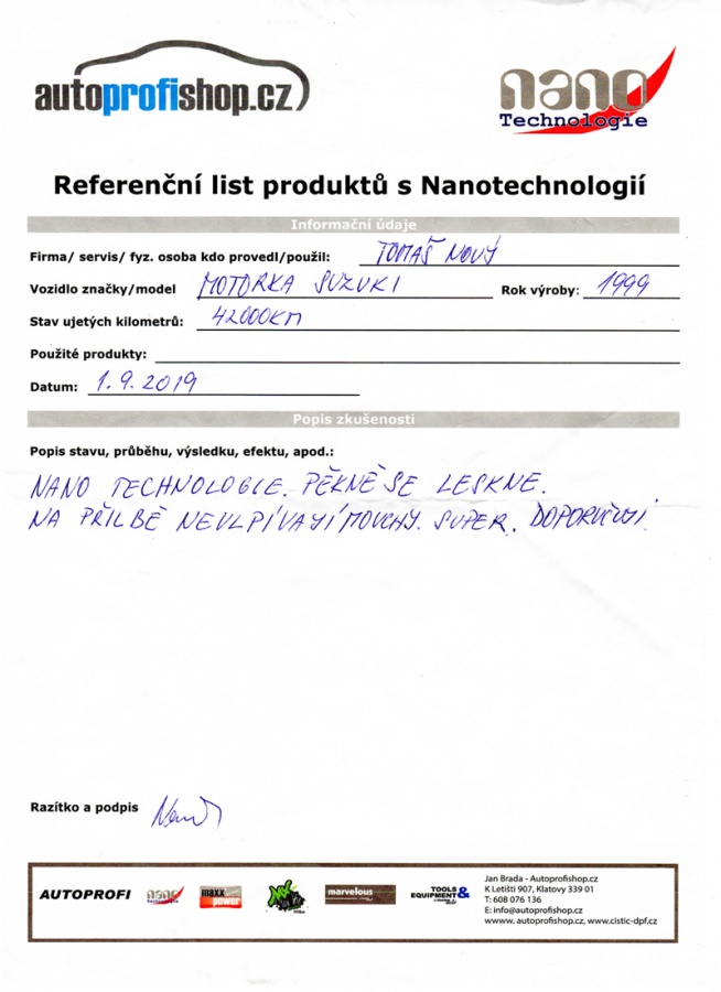 Referenční list na NANO MOTOSET