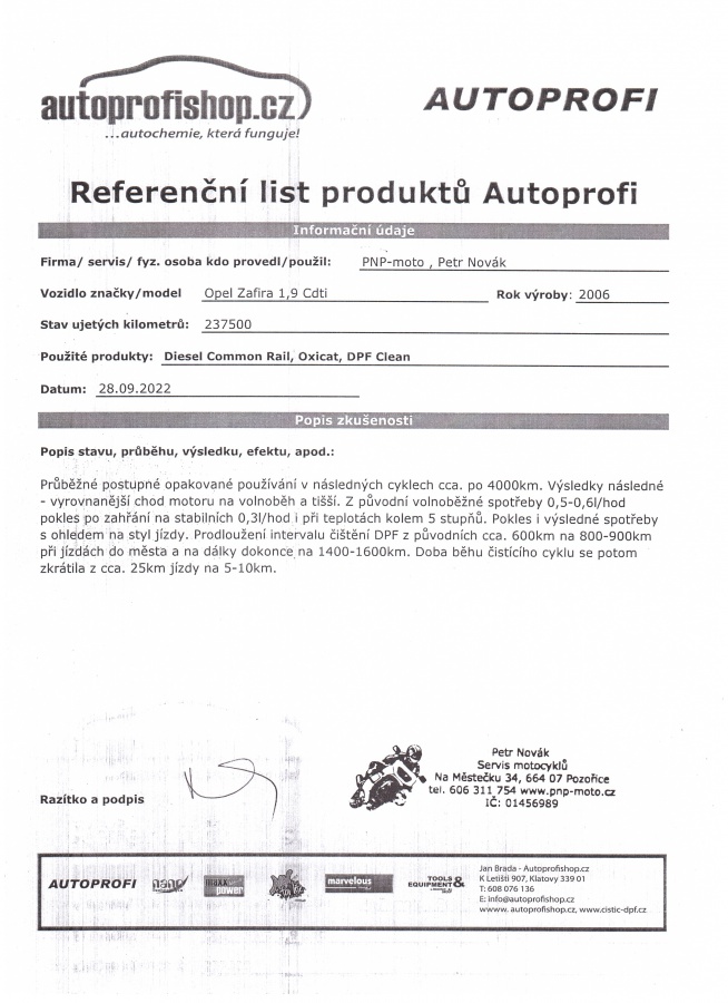 Referenční list na trojkombinaci PNP-MOTO Opel Zafira